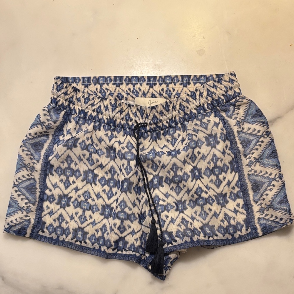 Joie Silk Shorts in Blue and Cream Pattern